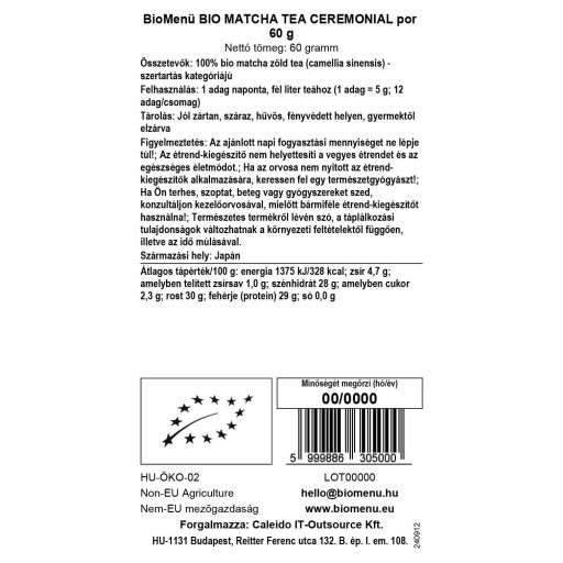 BioMenü BIO MATCHA TEA CEREMONIAL por 60 g adatcímke