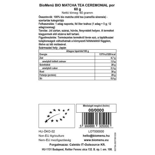 BioMenü BIO MATCHA TEA CEREMONIAL por 60 g adatcímke
