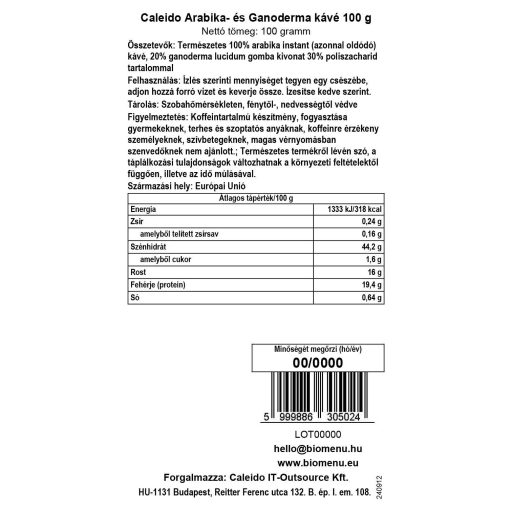 Caleido Arabika- és Ganoderma kávé 100 g címke