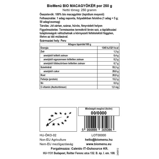 BioMenü BIO MACAGYÖKÉR por 250 g adatcímke
