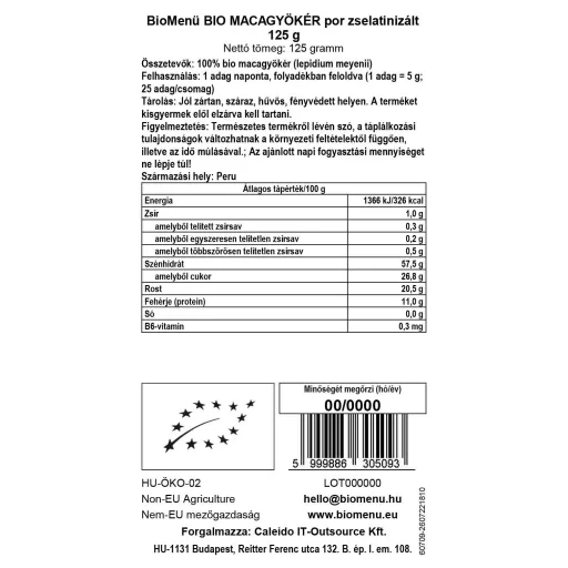 BioMenü BIO MACAGYÖKÉR por zselatinizált 125 g adatcímke