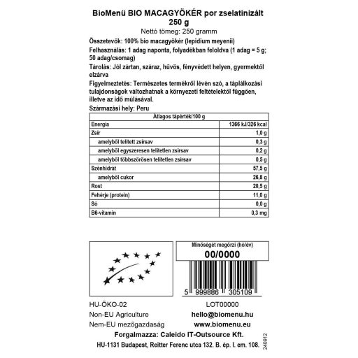 BioMenü BIO MACAGYÖKÉR por zselatinizált 250 g adatcímke