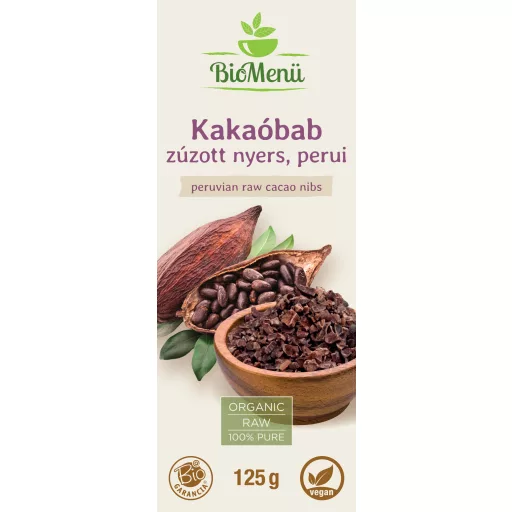 BioMenü BIO KAKAÓBAB zúzott nyers perui 125 g címke
