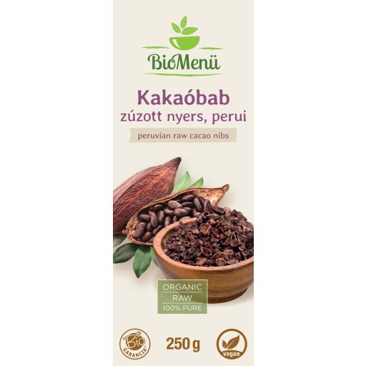 BioMenü BIO KAKAÓBAB zúzott nyers perui 250 g címke