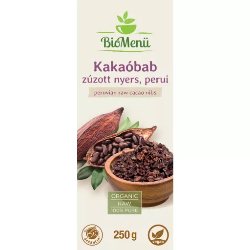 BioMenü BIO KAKAÓBAB zúzott nyers perui 250 g címke