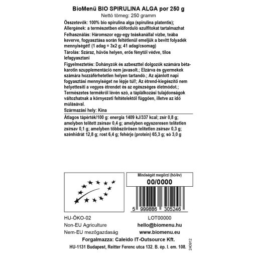 BioMenü BIO SPIRULINA ALGA por 125 g adatcímke