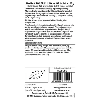 BioMenü BIO SPIRULINA ALGA tabletta 125 g termékkép