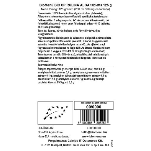 BioMenü BIO SPIRULINA ALGA tabletta 125 g adatcímke