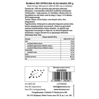 BioMenü BIO SPIRULINA ALGA tabletta 250 g termékkép