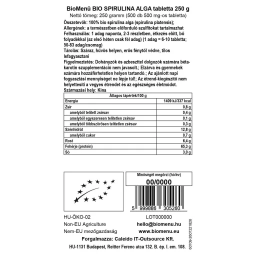 BioMenü BIO SPIRULINA ALGA tabletta 250 g adatcímke