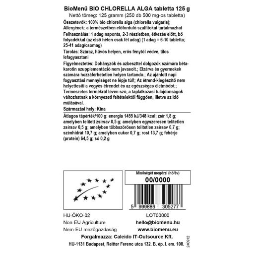 BioMenü BIO CHLORELLA ALGA tabletta 125 g adatcímke