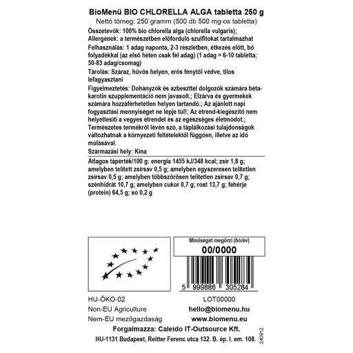 BioMenü BIO CHLORELLA ALGA tabletta 250 g adatcímke