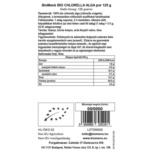BioMenü BIO CHLORELLA ALGA por 125 g adatcímke