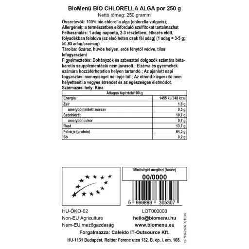 BioMenü BIO CHLORELLA ALGA por 250 g adatcímke