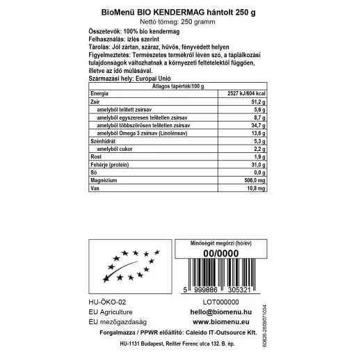 BioMenü BIO KENDERMAG hántolt 250 g adatcímke