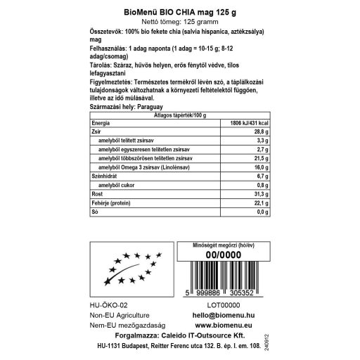 BioMenü BIO CHIA mag 125 g adatcímke
