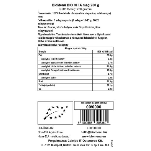 BioMenü BIO CHIA mag 250 g adatcímke