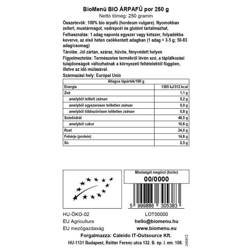 BioMenü BIO ÁRPAFŰ por 250 g adatcímke