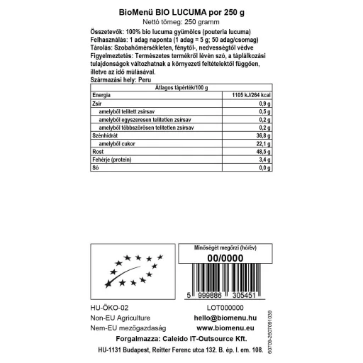 BioMenü BIO LUCUMA por 250 g adatcímke