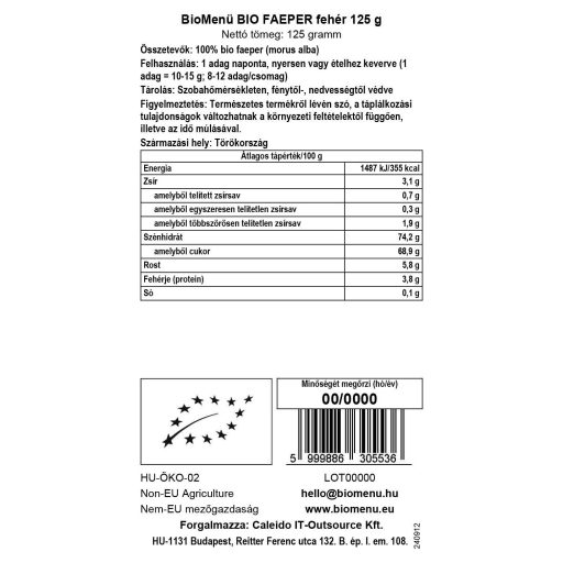BioMenü BIO FAEPER fehér 125 g adatcímke