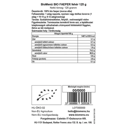 BioMenü BIO FAEPER fehér 125 g adatcímke