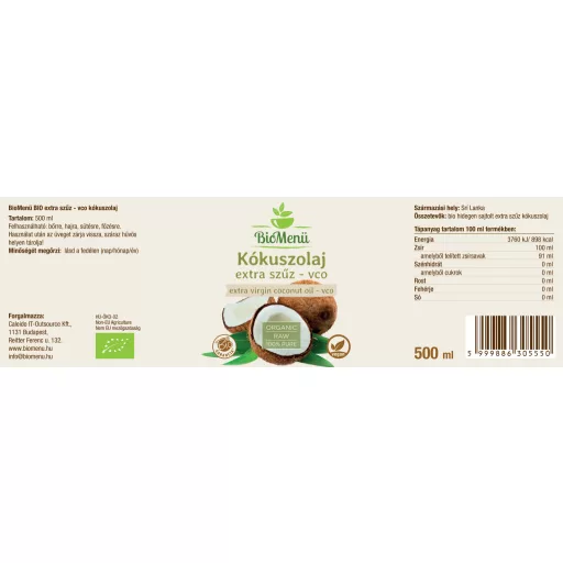 BioMenü BIO KÓKUSZOLAJ extra szűz vco 500 ml címke