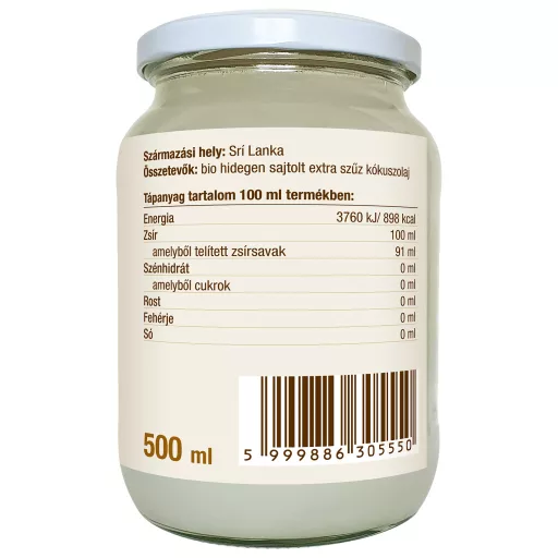BioMenü BIO KÓKUSZOLAJ extra szűz vco 500 ml adatcímke