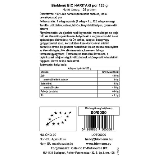BioMenü BIO HARITAKI por 125 g adatcímke
