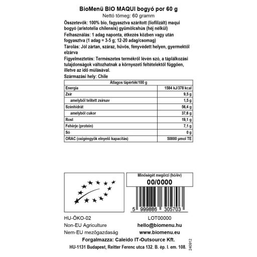 BioMenü BIO MAQUI bogyó por 60 g adatcímke