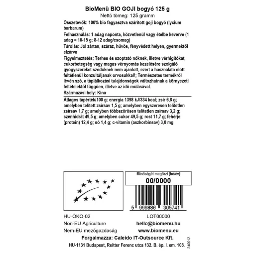 BioMenü BIO GOJI bogyó 125 g adatcímke