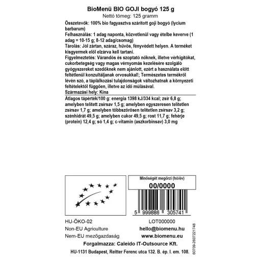 BioMenü BIO GOJI bogyó 125 g adatcímke
