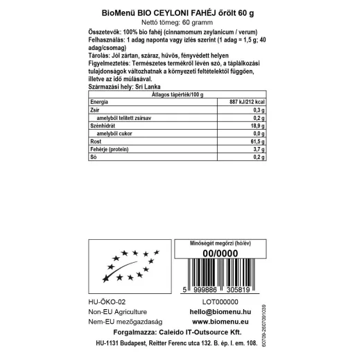BioMenü BIO CEYLONI FAHÉJ őrölt 60 g adatcímke