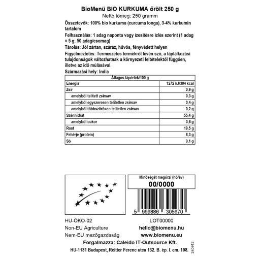 BioMenü BIO KURKUMA őrölt 250 g adatcímke