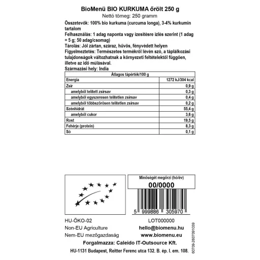 BioMenü BIO KURKUMA őrölt 250 g adatcímke