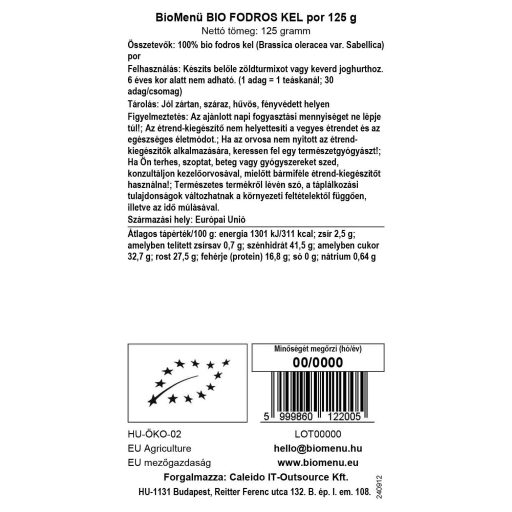 BioMenü BIO FODROS KEL por 125 g adatcímke
