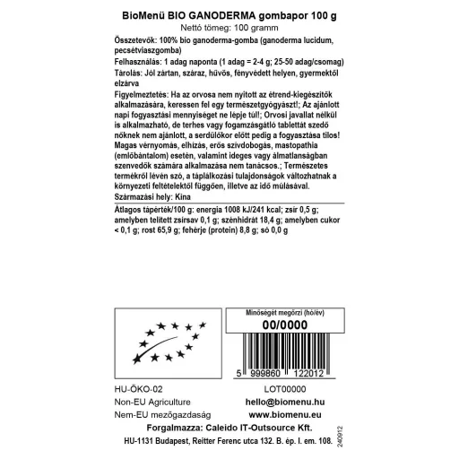 BioMenü BIO GANODERMA gombapor 100 g adatcímke