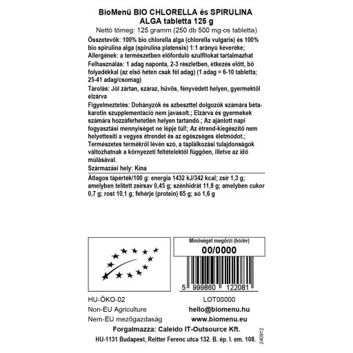 BioMenü BIO CHLORELLA és SPIRULINA ALGA tabletta 125 g adatcímke