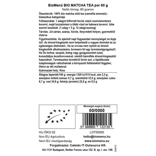 BioMenü BIO MATCHA TEA por 60 g adatcímke