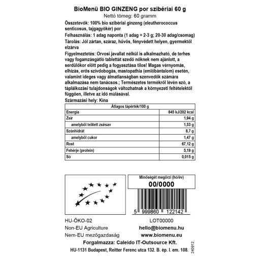 BioMenü BIO GINZENG por szibériai 60 g adatcímke