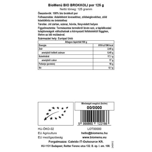 BioMenü BIO BROKKOLI por 125 g adatcímke