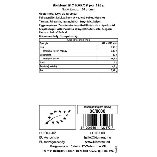 BioMenü BIO KAROB por 125 g adatcímke