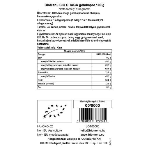 BioMenü BIO CHAGA gombapor 100 g adatcímke