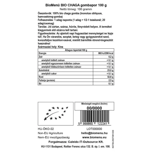 BioMenü BIO CHAGA gombapor 100 g adatcímke