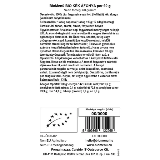 BioMenü BIO KÉK ÁFONYA por 60 g adatcímke