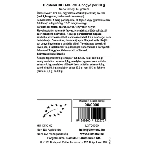BioMenü BIO ACEROLA bogyó por 60 g adatcímke