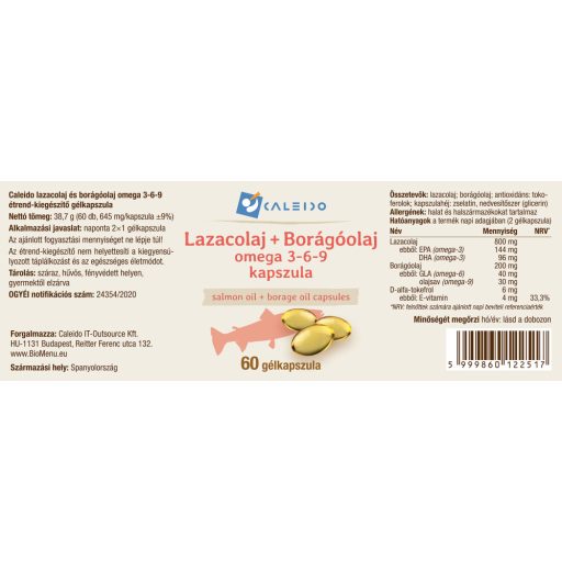 Caleido LAZACOLAJ + BORÁGÓOLAJ omega 3-6-9 gélkapszula 60 db címke