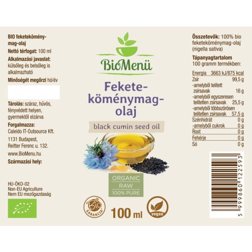 BioMenü BIO FEKETEKÖMÉNYMAG-OLAJ 100 ml címke