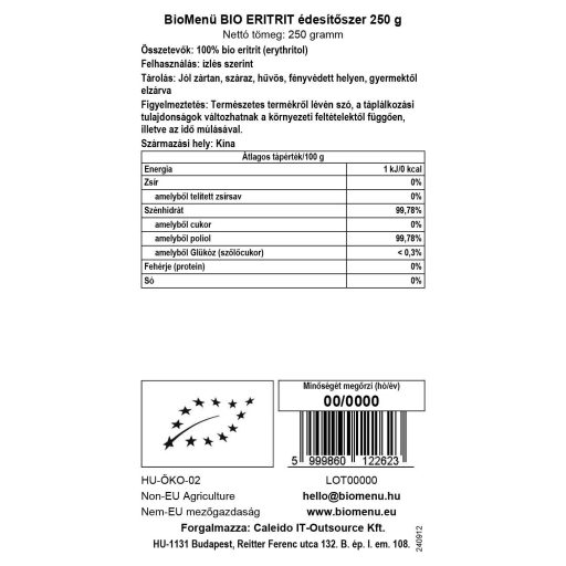 BioMenü BIO ERITRIT édesítőszer 250 g adatcímke