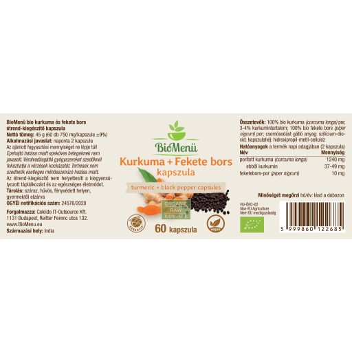 BioMenü BIO KURKUMA + FEKETE BORS kapszula 60 db címke