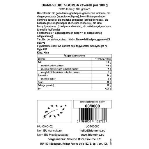 BioMenü BIO 7-GOMBA keverék por 100 g adatcímke